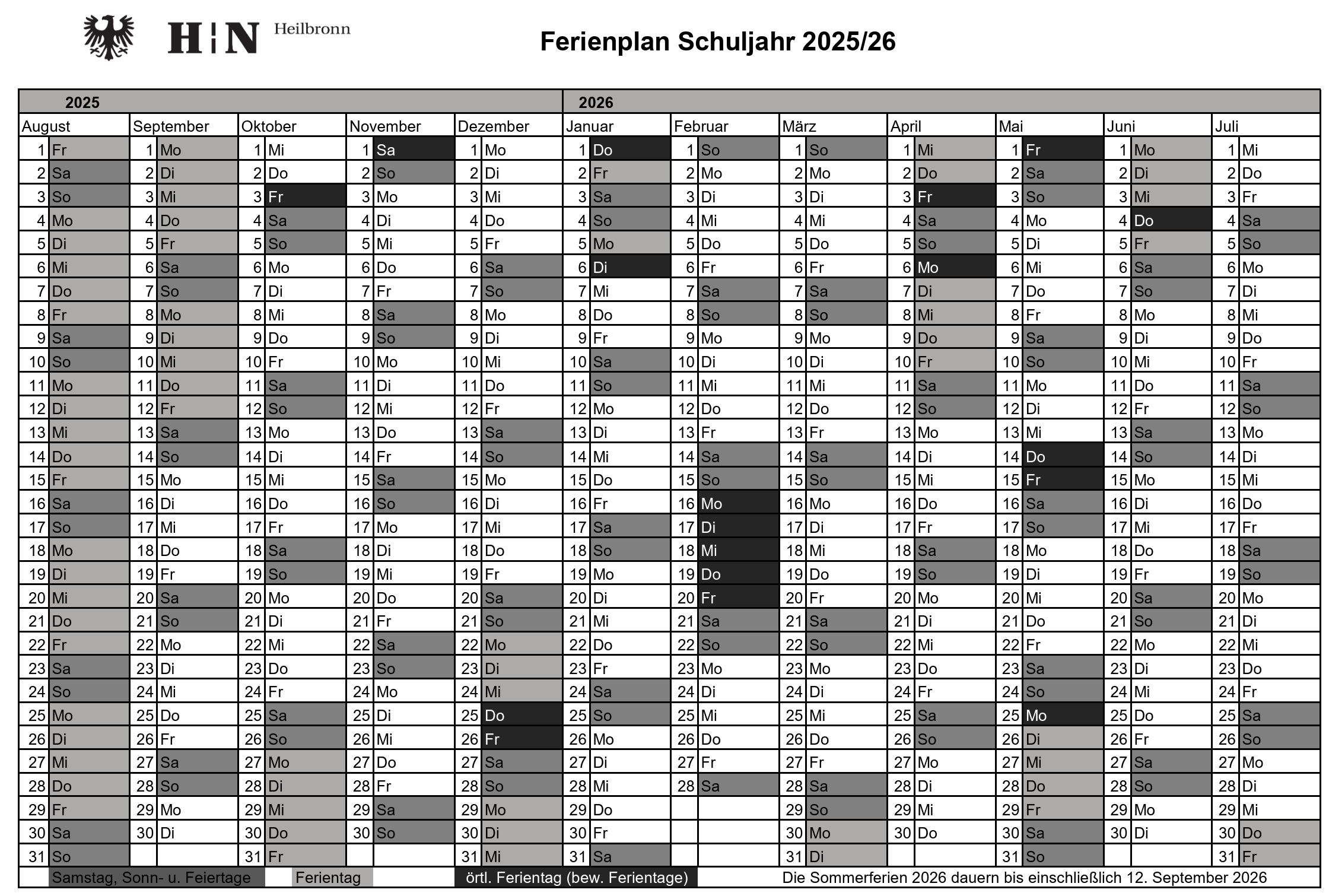 Ferienplan Heilbronn (25/26)